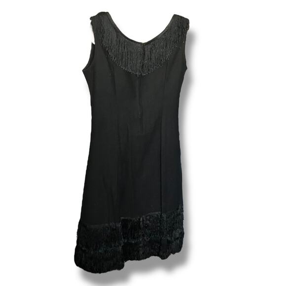 1960s Black Fringe Flapper Dress Wool Feel 1920s Style Goth Glam - Picture 8 of 8